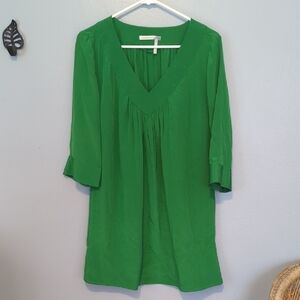 Classiques Entier 100% Silk Vibrant Green V-Neck Tunic Blouse 3/4 Sleeve Medium